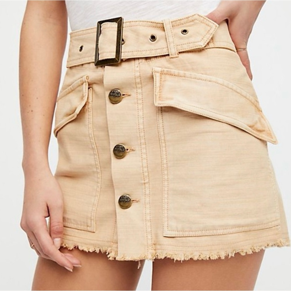 FREE PEOPLE Hanging on Tight Mini Skirt‎ Nude Beige Tan Cargo Utility 4